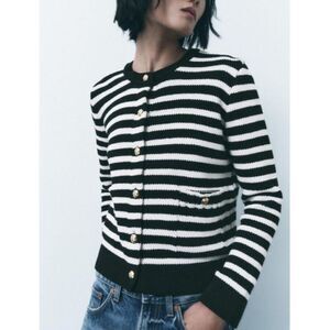 Zara Womens Cardigan Sweater Size L Black White Striped Gold Button 3991/124 NWT